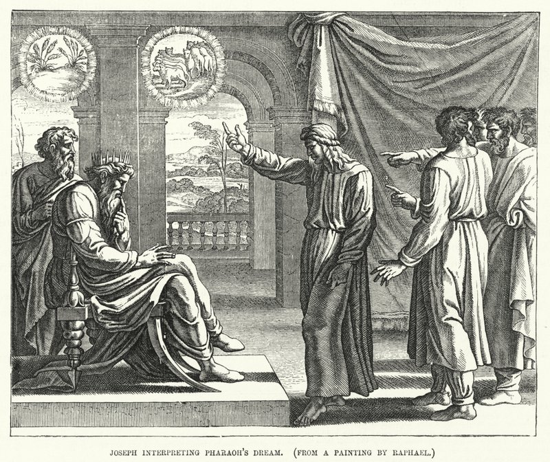 Giuseppe interpreta il sogno del Faraone (incisione) da English School