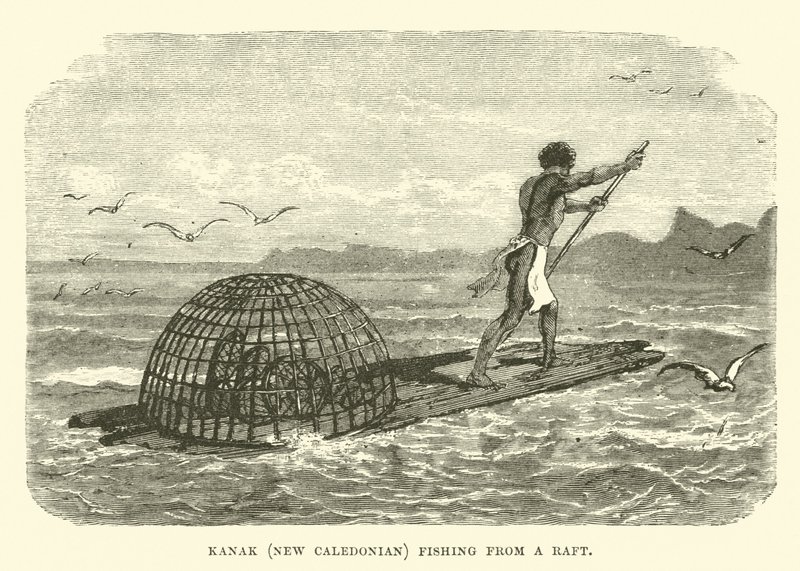 Kanak, pescatore della Nuova Caledonia su una zattera da English School