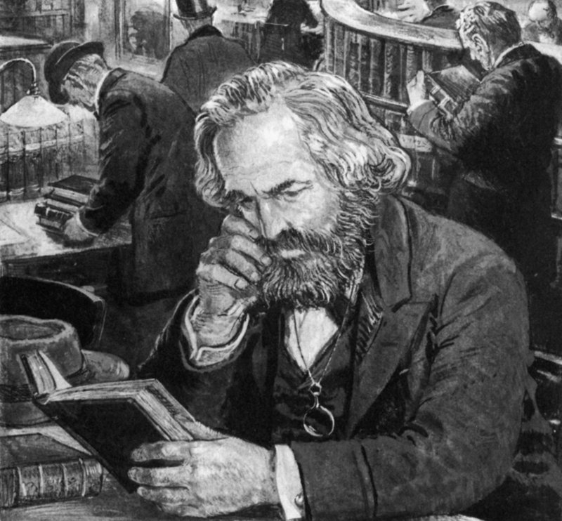 Karl Marx che studia e scrive nella sala di lettura del British Museum da English School