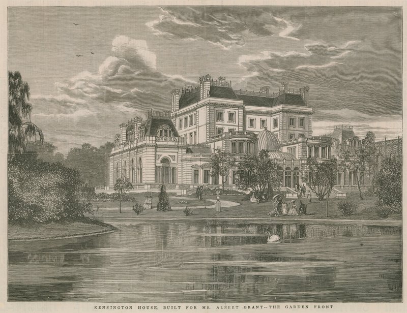 Kensington House, costruita per il signor Albert Grant, il fronte del giardino da English School