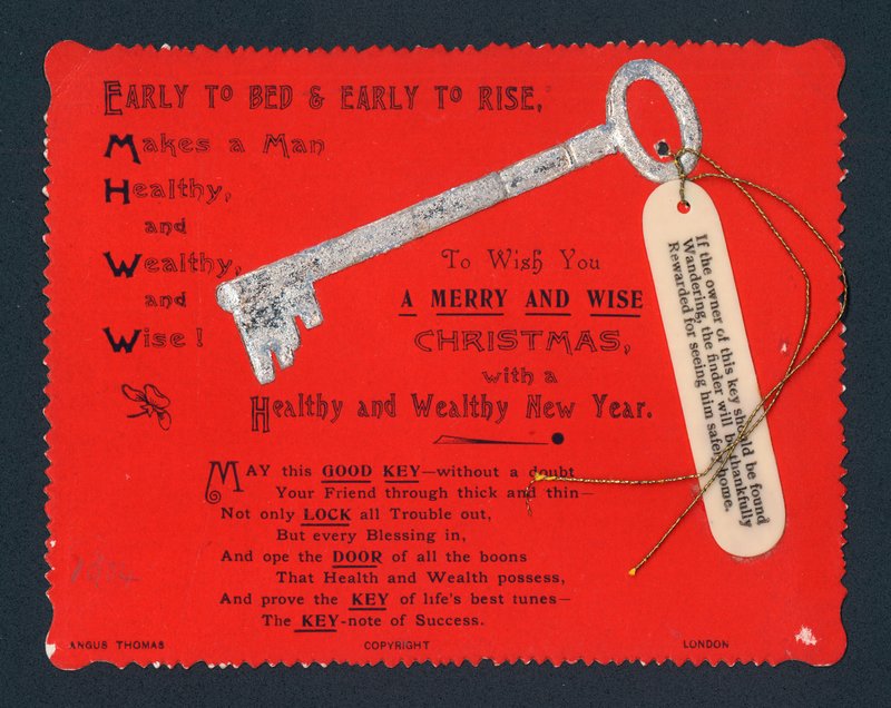 Chiave con etichetta, cartolina di Natale da English School