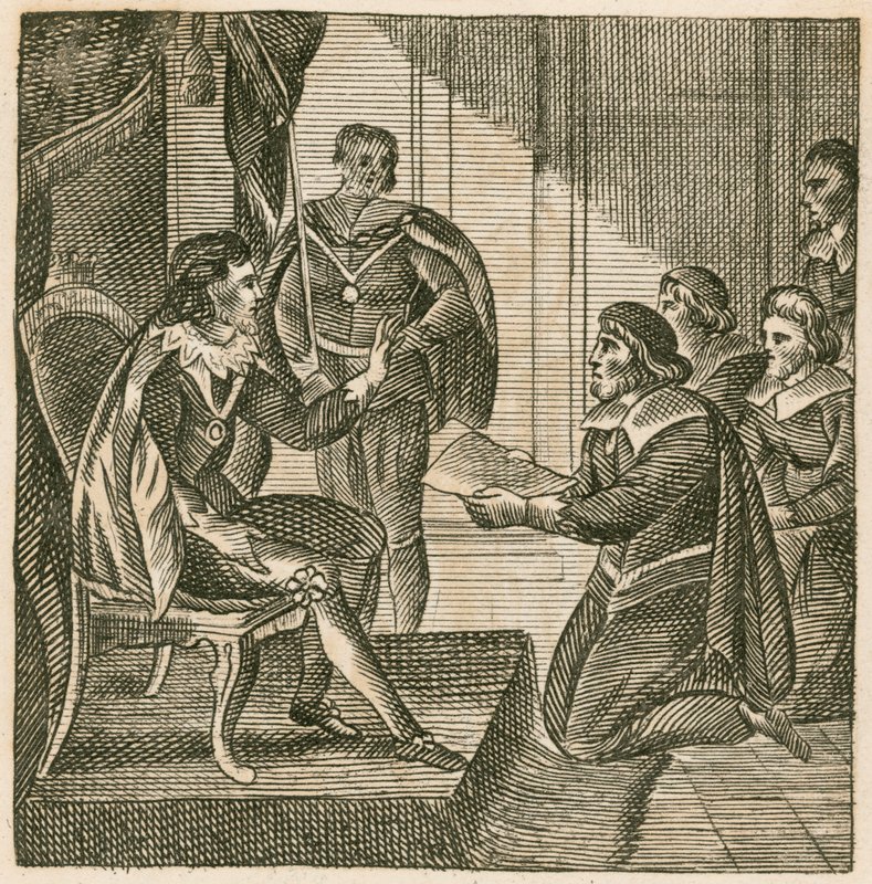 Re Carlo I riceve una petizione dai Comuni per assegnare loro il potere di levare eserciti (incisione) da English School