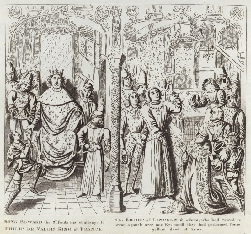 Re Edoardo III invia la sua sfida a Filippo di Valois, re di Francia, il vescovo di Lincoln e altri, che avevano giurato di indossare una benda su un occhio fino a quando non avessero compiuto qualche impresa galante da English School