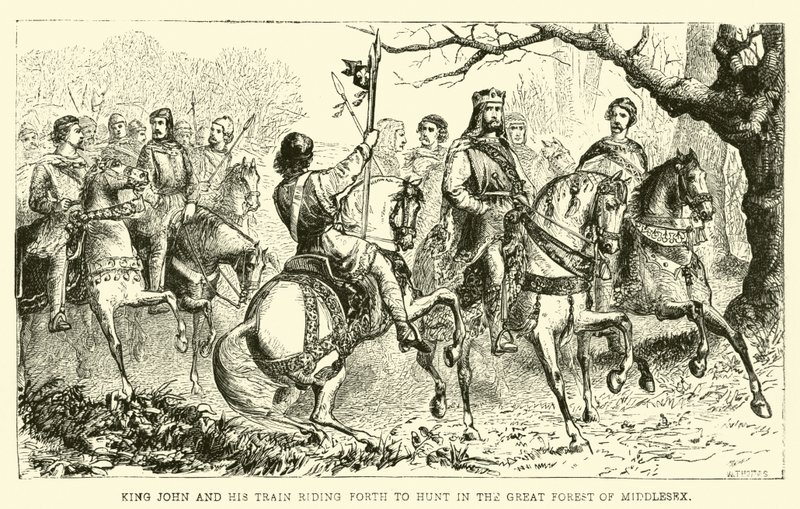 Re Giovanni e il suo seguito in partenza per la caccia nella Grande Foresta del Middlesex da English School