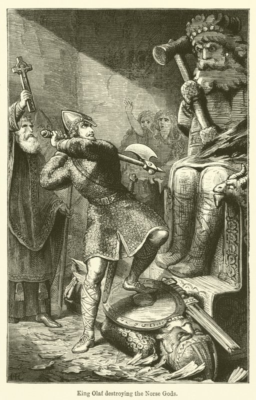 Re Olaf che distrugge gli dei norreni (incisione) da English School