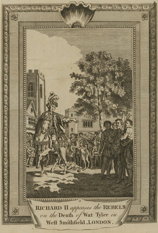 Re Riccardo II placa i ribelli alla morte di Wat Tyler a West Smithfield, Londra da English School