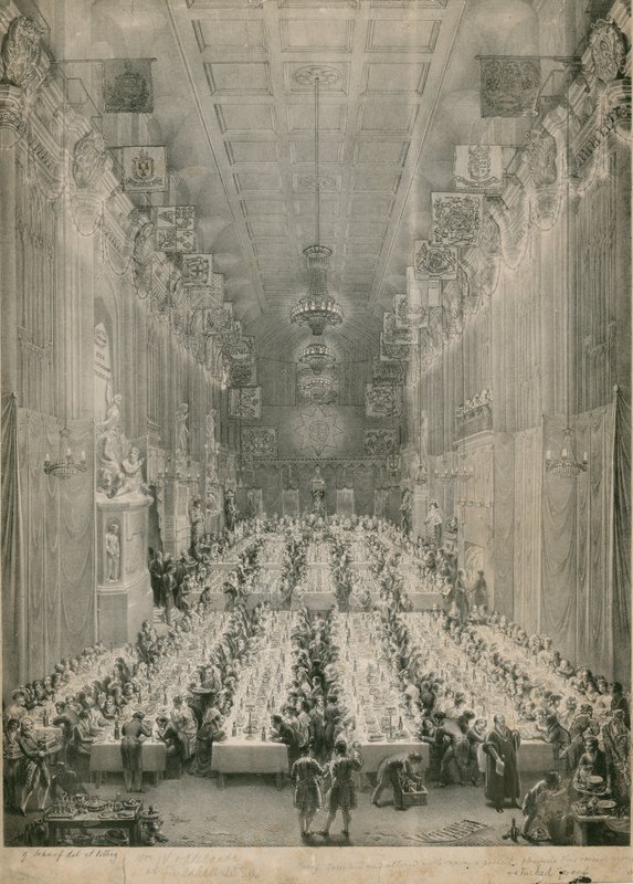 Re Guglielmo IV e Adelaide alla Guildhall, Londra, 1834 da English School