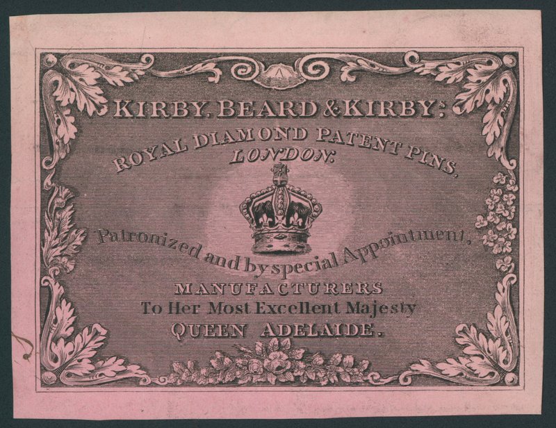 Kirby, Beard and Kirby, Royal Diamond Patent Pins, biglietto da visita da English School