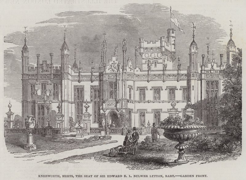 Knebworth, Herts, la residenza di Sir Edward E L Bulwer Lytton, baronetto, fronte del giardino da English School