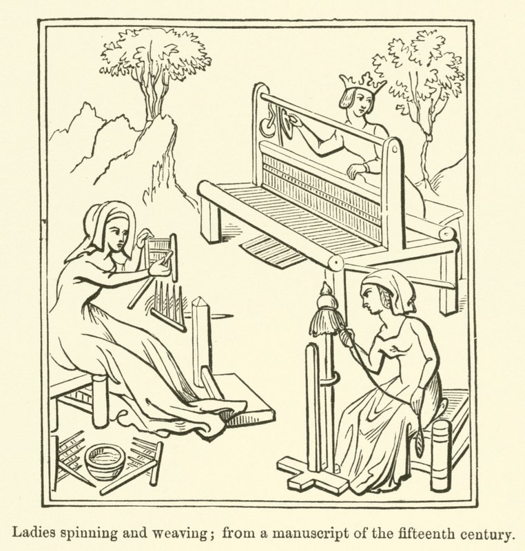 Donne che filano e tessono, da un manoscritto del XV secolo da English School