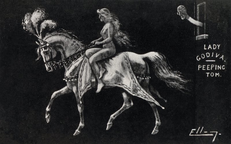 Lady Godiva che cavalca nuda a cavallo per le strade di Coventry, osservata da un Peeping Tom (litografia) da English School