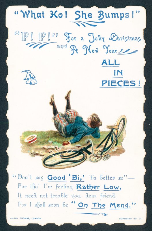 Donna che cade dalla bicicletta, cartolina di Natale da English School