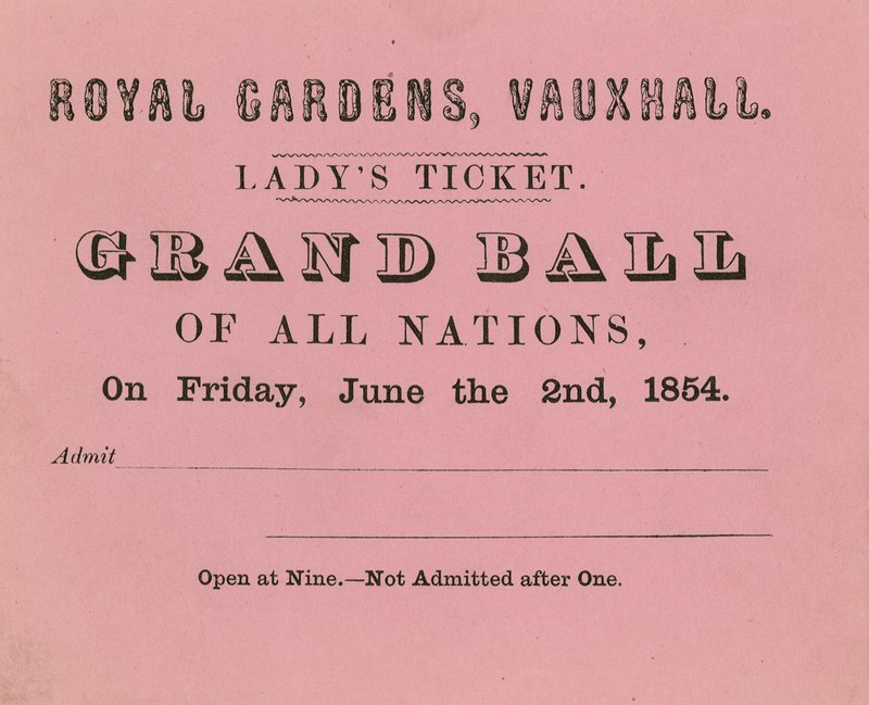 Biglietto per signora, Giardini di Vauxhall, Londra, per il 2 giugno 1854 da English School