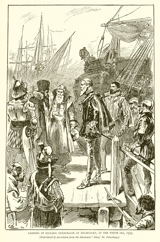 Sbarco di Richard Chancellor a Holmogory, nel Mar Bianco, 1553 da English School