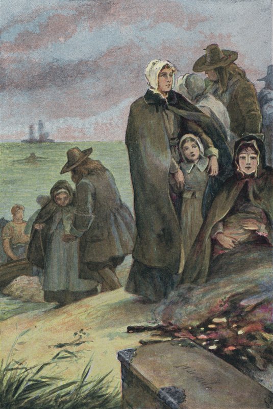 Sbarco dei Padri Pellegrini in America dopo il loro viaggio a bordo del Mayflower, 1620 da English School