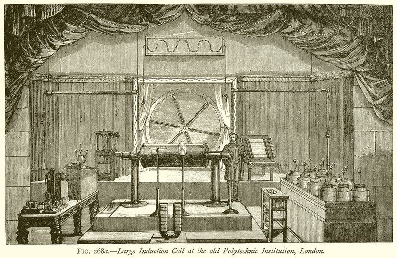Grande bobina di induzione al vecchio Istituto Politecnico, Londra da English School