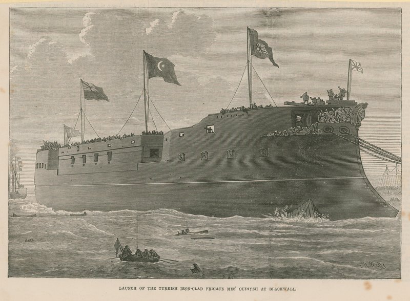 Varo della fregata corazzata turca Mes Oudiyeh a Blackwall da English School