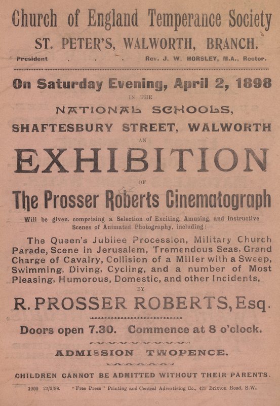 Volantino pubblicitario di una mostra del Cinematografo Prosser Roberts da English School