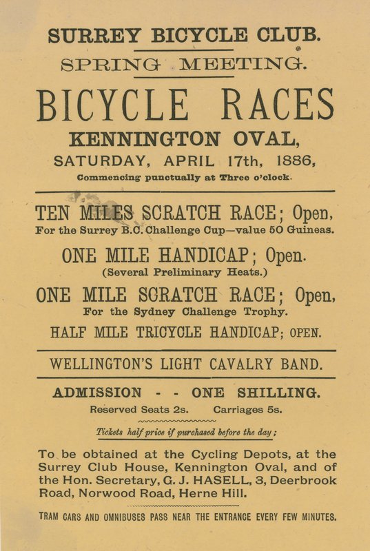 Volantino pubblicitario delle gare di biciclette al Kennington Oval, 17 aprile 1886 da English School