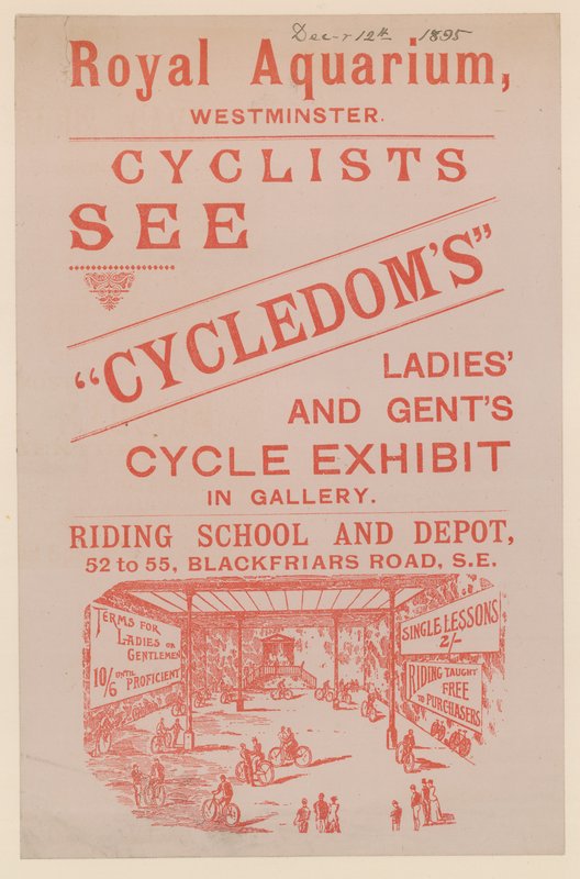 Volantino pubblicitario della mostra di biciclette per signore e signori al Royal Aquarium da English School
