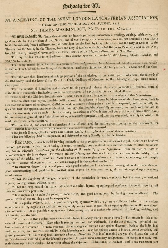 Volantino che spiega una risoluzione della West London Lancasterian Association per iniziare a fornire istruzione ai bambini, agosto 1813 da English School