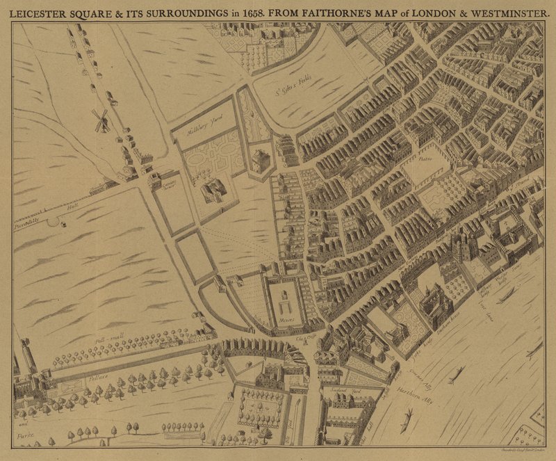Leicester Square e dintorni nel 1658 da English School