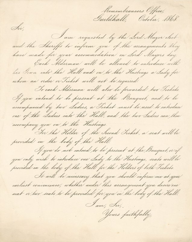 Lettera con dettagli per un banchetto alla Guildhall, Londra, il 9 novembre 1868 da English School