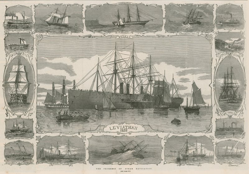 Leviathan 1858; montaggio di immagini che mostrano i progressi della navigazione a vapore da English School