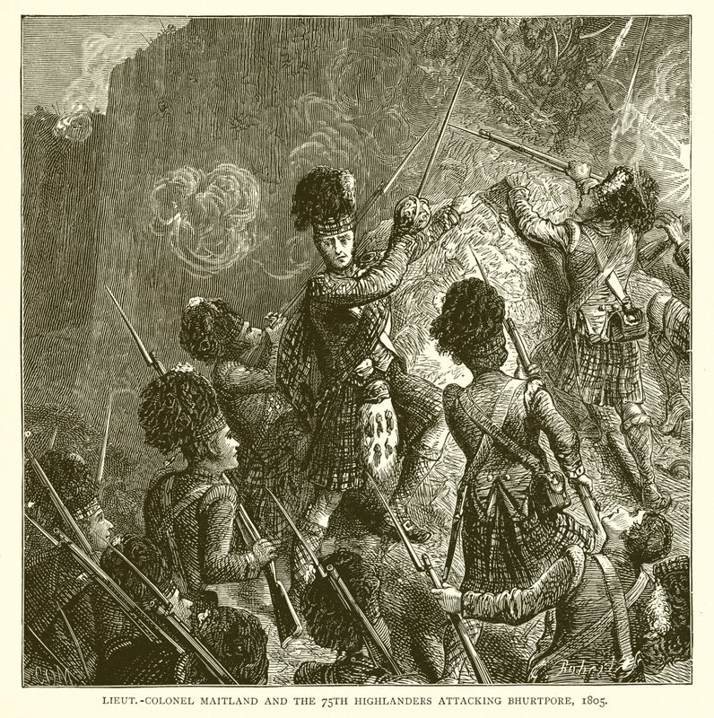 Il tenente colonnello Maitland e i 75° Highlanders attaccano Bhurtpore, 1805 da English School