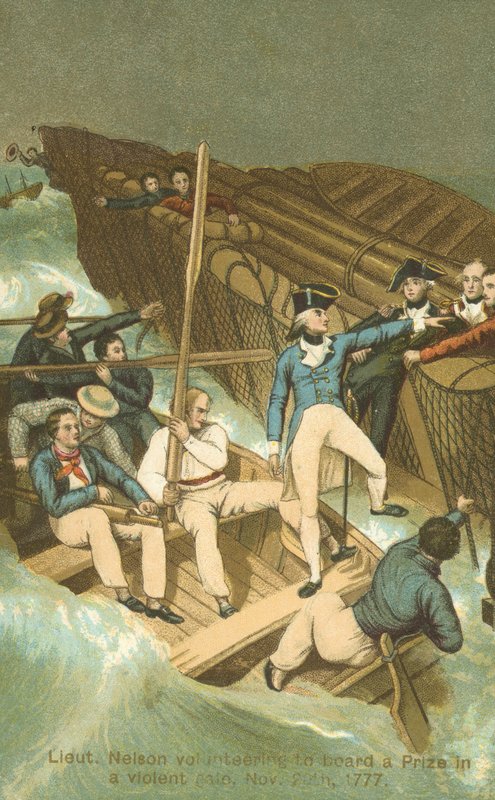 Il tenente Horatio Nelson che abborda un premio durante una tempesta da English School