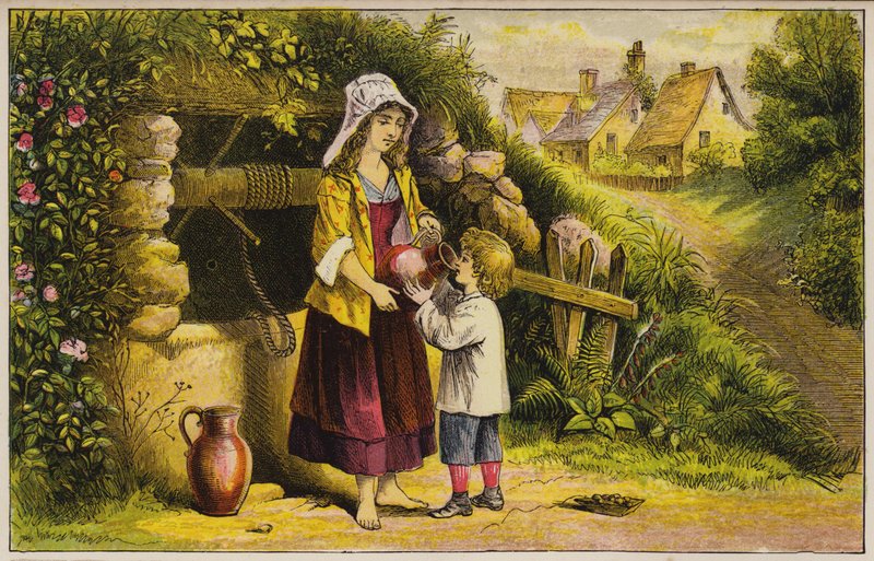 Bambino che beve acqua prelevata da un pozzo da English School