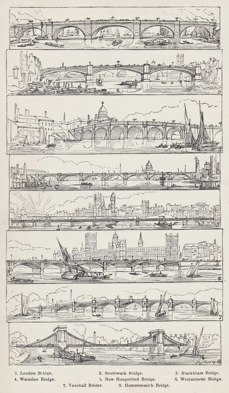 Ponte di Londra, Ponte di Southwark, Ponte di Blackfriars, Ponte di Waterloo, Nuovo Ponte di Hungerford, Ponte di Westminster, Ponte di Vauxhall, Ponte di Hammersmith (incisione) da English School