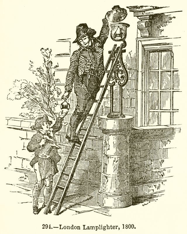 Accenditore di lampioni a Londra, 1800 da English School