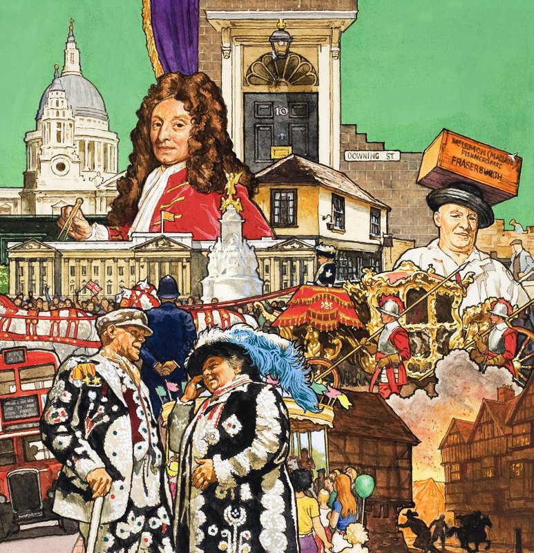 Montaggio di Londra (gouache su carta) da English School