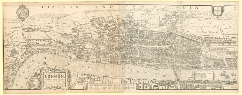 Londra durante il regno della Regina Elisabetta I, un facsimile (ridotto) della mappa di Aggas 1560 da English School