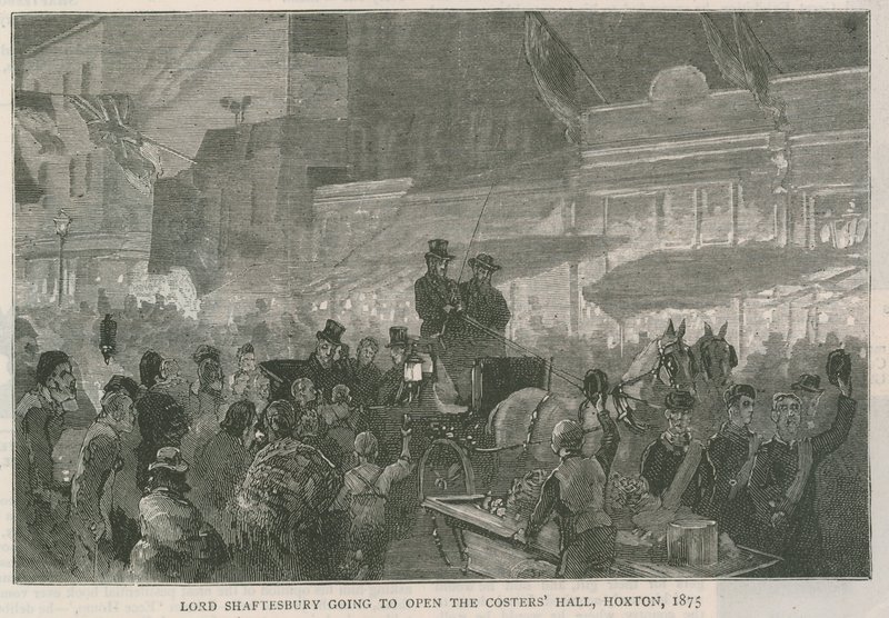 Lord Shaftesbury va ad aprire la Costers Hall, Hoxton, Londra, 1875 da English School