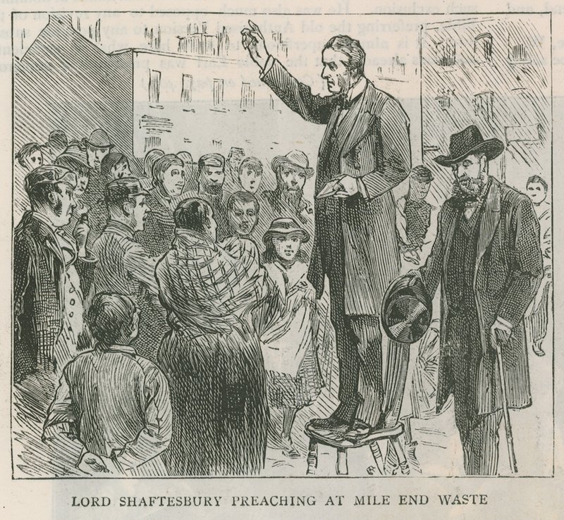 Lord Shaftesbury predica a Mile End Waste, Londra da English School