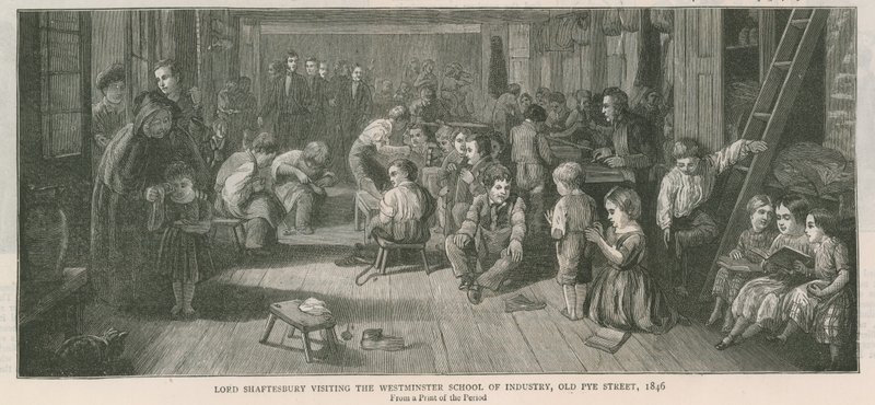 Lord Shaftesbury visita la Westminster School of Industry, Old Pye Street, Londra, 1846 da English School