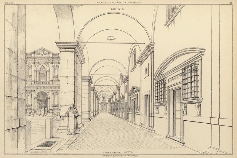 Loggia inferiore, Loreto, Italia (litografia) da English School