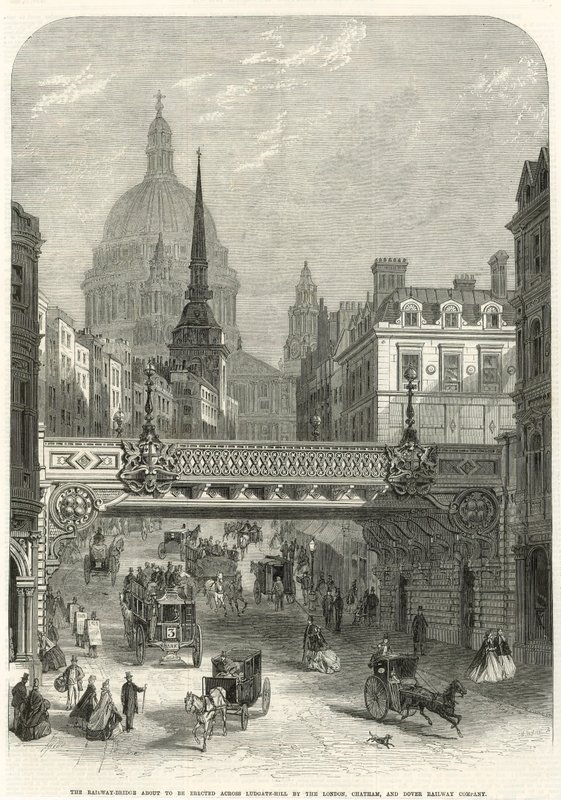 Ludgate Hill, il ponte ferroviario in fase di costruzione dalla London, Chatham and Dover Railway Company da English School