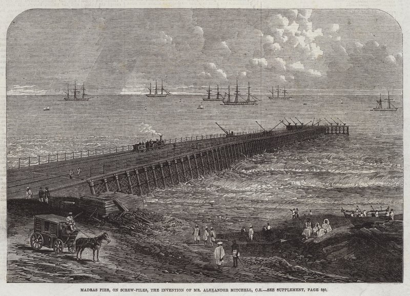 Molo di Madras, su pali a vite, invenzione del Signor Alexander Mitchell, CE (incisione) da English School