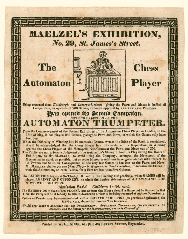 Esposizione di Maelzel, 29 St James Street, il giocatore di scacchi automa, c 1825 da English School