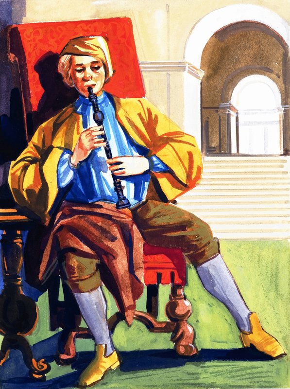 Uomo che suona un flauto dolce da English School