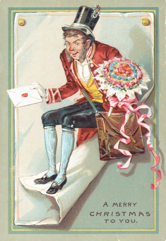 Uomo che consegna una lettera e fiori, cartolina di Natale da English School