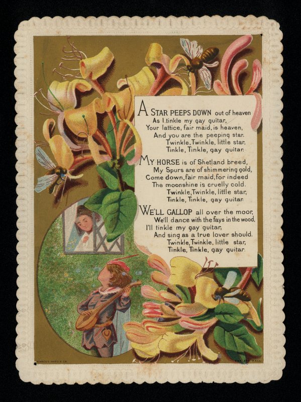 Uomo che serenata la sua amante e caprifoglio, cartolina di auguri da English School