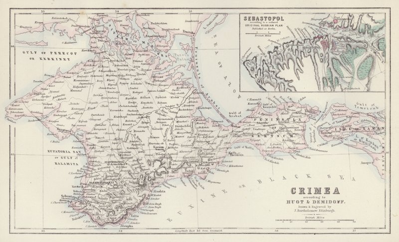 Mappa: Crimea, secondo Huot e Demidoff, disegnata e incisa da J Bartholomew, Edimburgo; Sebastopoli, secondo un piano originale russo ridotto pubblicato a Berlino da English School
