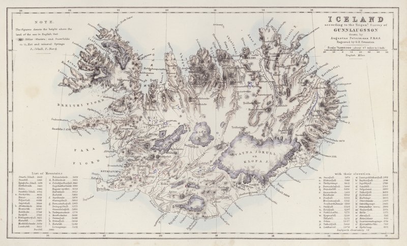 Mappa: Islanda, secondo il Trigon Survey di Gunnlaugsson disegnata da Augustus Petermann (litografia a colori) da English School