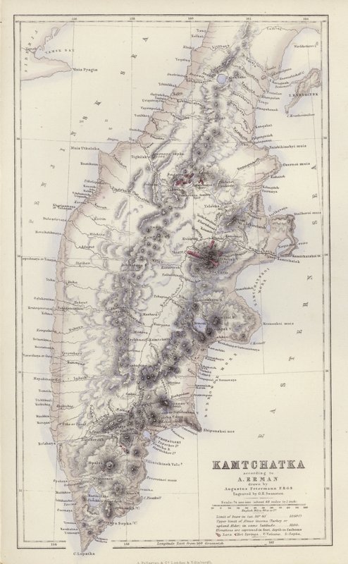 Mappa: Kamchatka, secondo A Erman, disegnata da Augustus Petermann (litografia a colori) da English School
