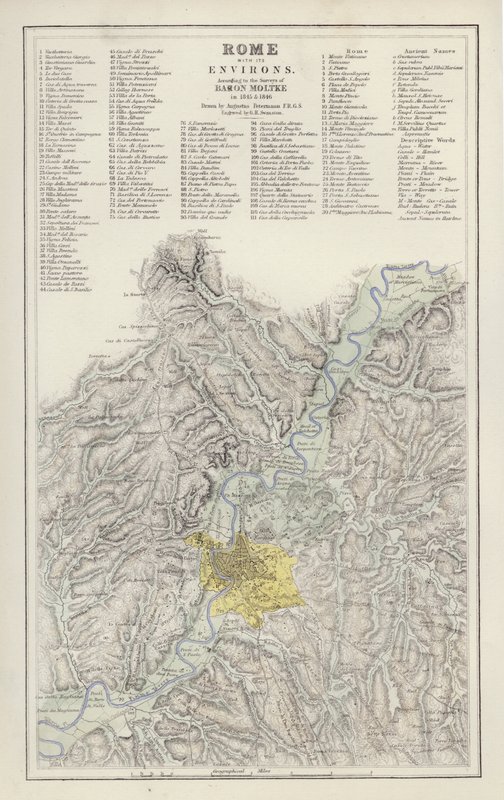 Mappa: Roma e dintorni, secondo il rilievo del Barone Moltke, nel 1845 e 1846, disegnata da Augustus Petermann da English School