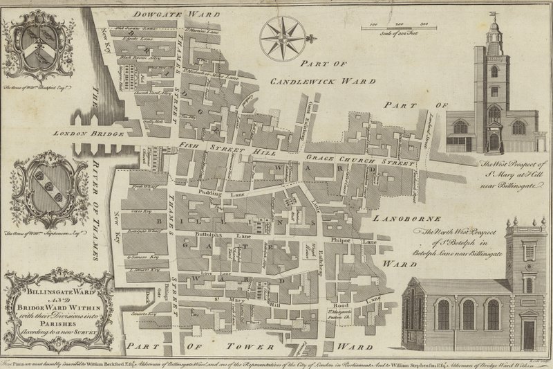 Mappa dei quartieri di Billingsgate e Bridge, Londra da English School